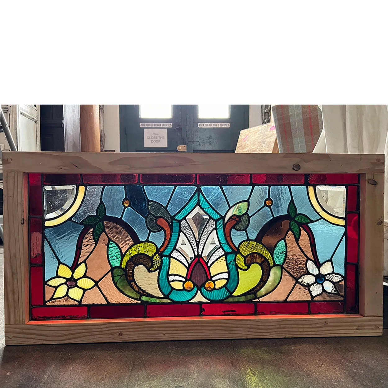 American Wells Art Glass Co. Stained, Jeweled, Leaded, Beveled Glass Transom Window