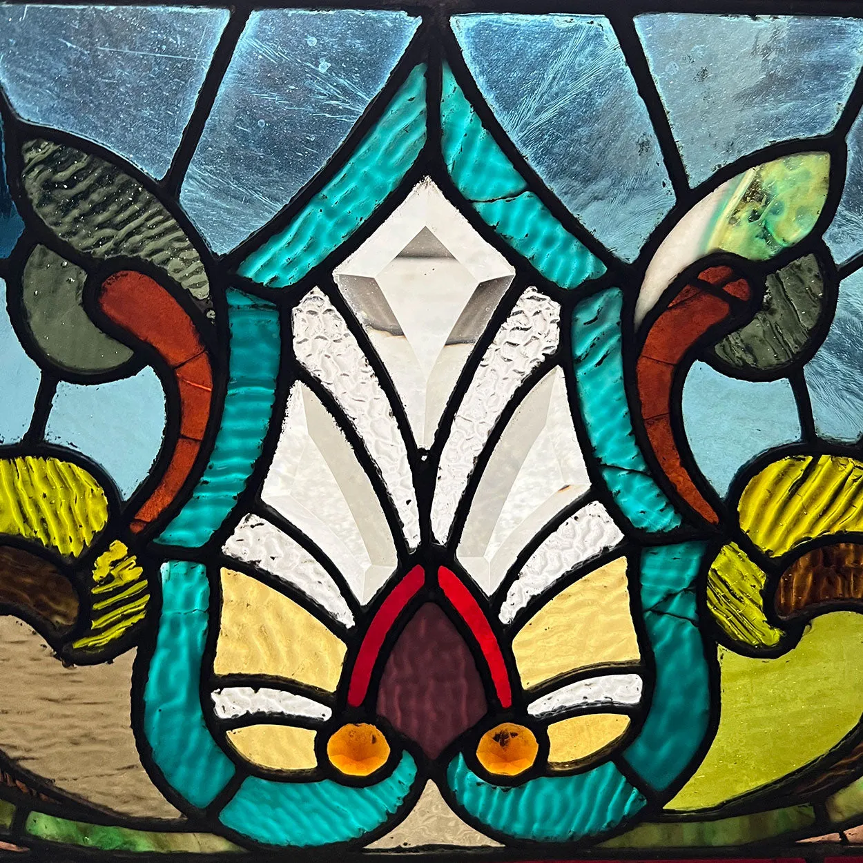 American Wells Art Glass Co. Stained, Jeweled, Leaded, Beveled Glass Transom Window