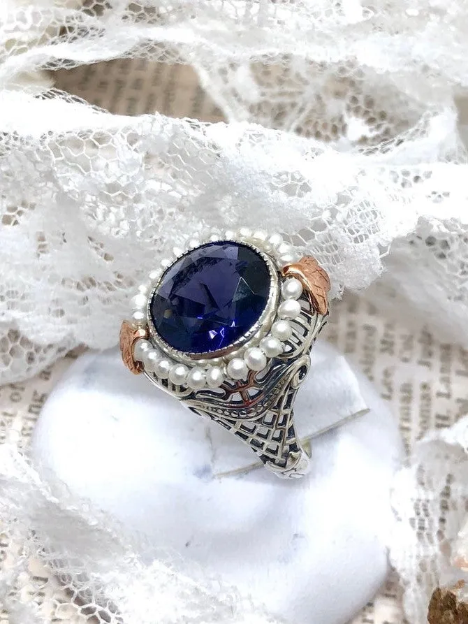 Amethyst & Seed Pearl Ring, Natural or Simulated Gemstone, Victorian Filigree Jewelry #D238