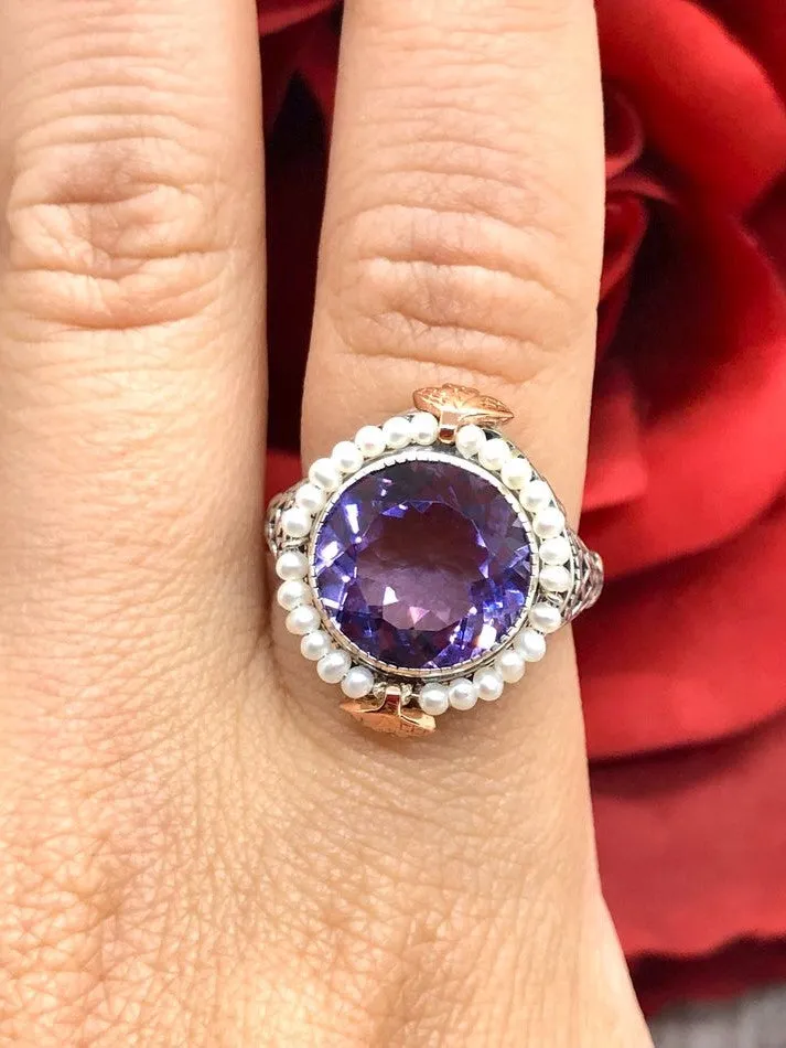 Amethyst & Seed Pearl Ring, Natural or Simulated Gemstone, Victorian Filigree Jewelry #D238