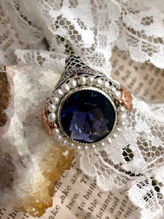 Amethyst & Seed Pearl Ring, Natural or Simulated Gemstone, Victorian Filigree Jewelry #D238