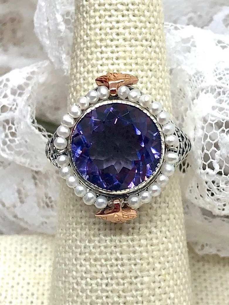 Amethyst & Seed Pearl Ring, Natural or Simulated Gemstone, Victorian Filigree Jewelry #D238