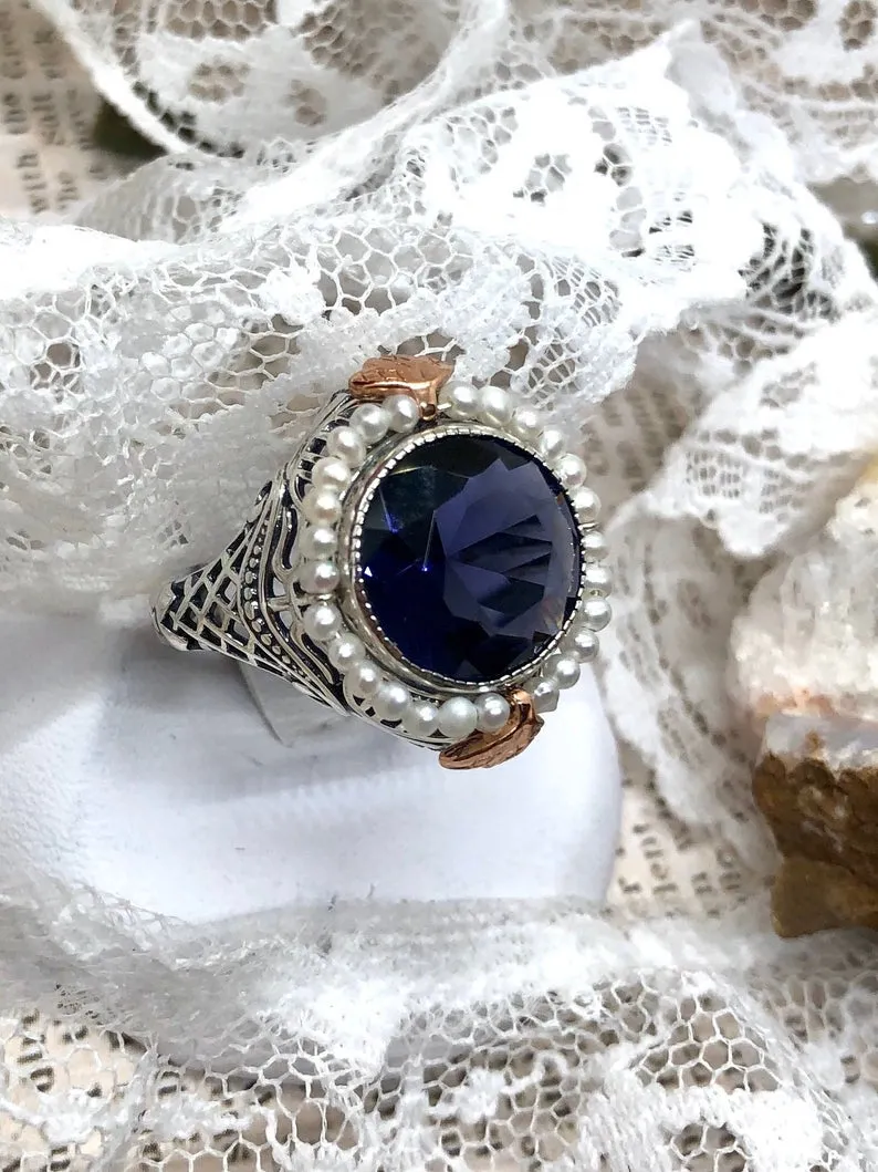 Amethyst & Seed Pearl Ring, Natural or Simulated Gemstone, Victorian Filigree Jewelry #D238