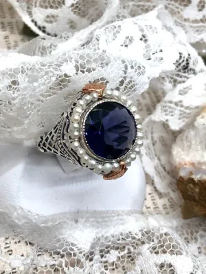 Amethyst & Seed Pearl Ring, Natural or Simulated Gemstone, Victorian Filigree Jewelry #D238