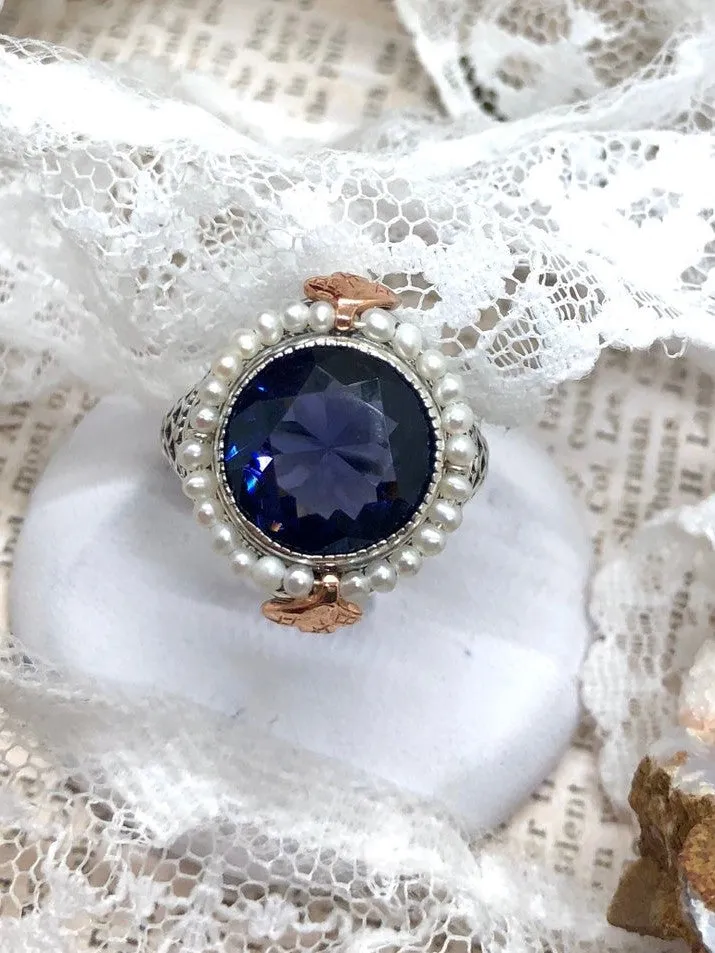 Amethyst & Seed Pearl Ring, Natural or Simulated Gemstone, Victorian Filigree Jewelry #D238