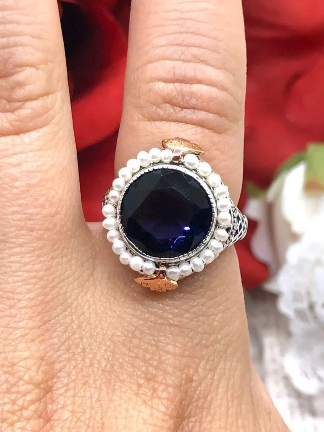 Amethyst & Seed Pearl Ring, Natural or Simulated Gemstone, Victorian Filigree Jewelry #D238