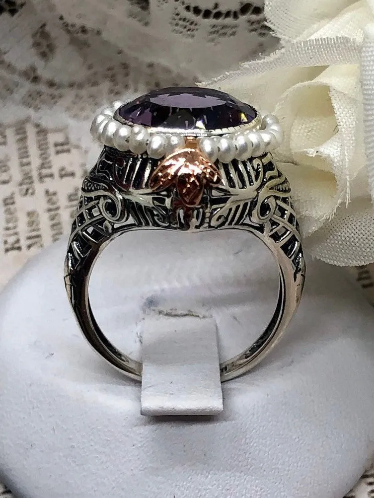 Amethyst & Seed Pearl Ring, Natural or Simulated Gemstone, Victorian Filigree Jewelry #D238