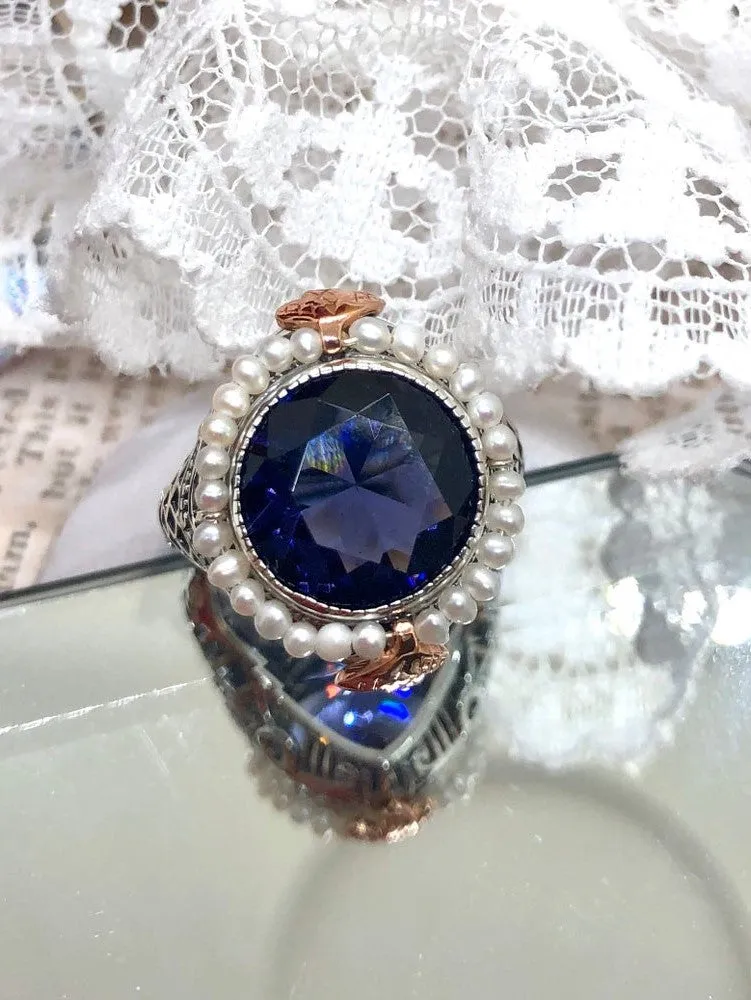 Amethyst & Seed Pearl Ring, Natural or Simulated Gemstone, Victorian Filigree Jewelry #D238
