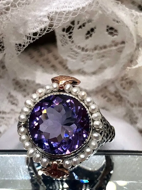 Amethyst & Seed Pearl Ring, Natural or Simulated Gemstone, Victorian Filigree Jewelry #D238