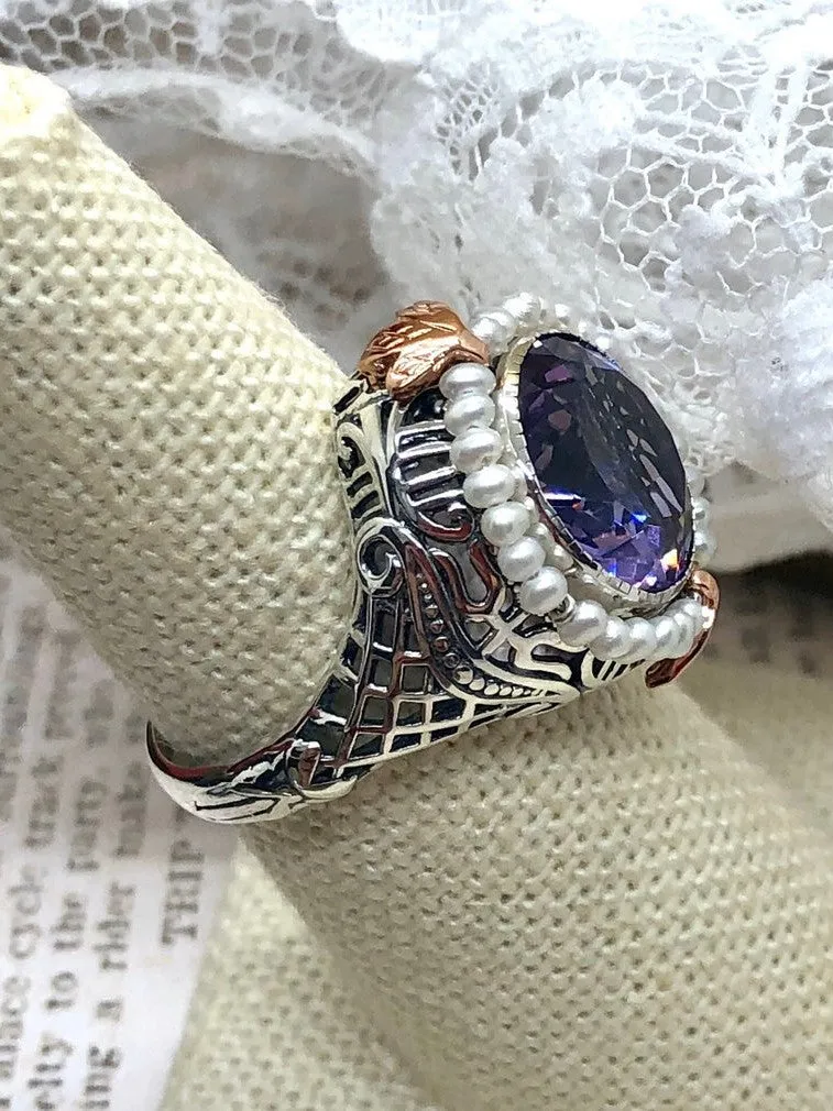 Amethyst & Seed Pearl Ring, Natural or Simulated Gemstone, Victorian Filigree Jewelry #D238