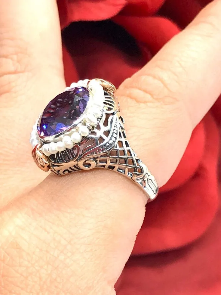 Amethyst & Seed Pearl Ring, Natural or Simulated Gemstone, Victorian Filigree Jewelry #D238