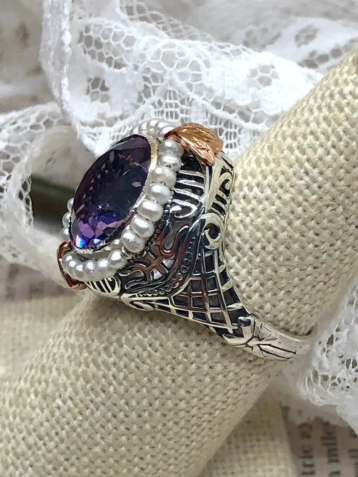 Amethyst & Seed Pearl Ring, Natural or Simulated Gemstone, Victorian Filigree Jewelry #D238