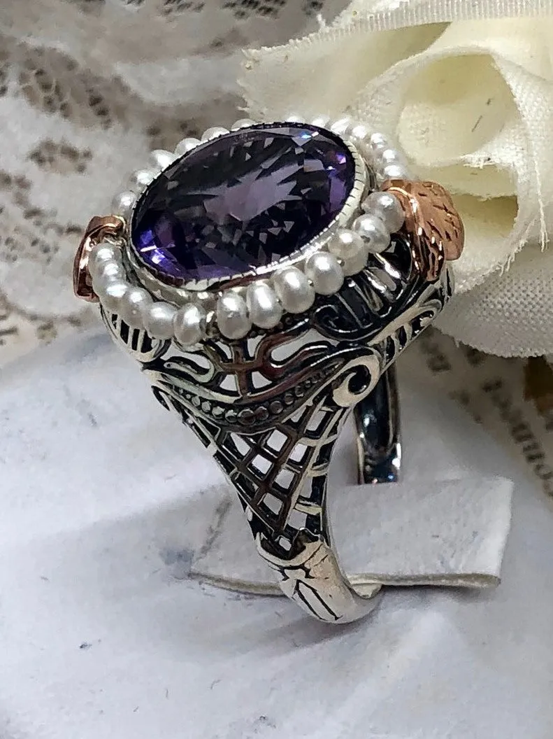 Amethyst & Seed Pearl Ring, Natural or Simulated Gemstone, Victorian Filigree Jewelry #D238