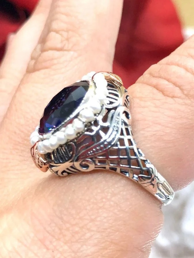 Amethyst & Seed Pearl Ring, Natural or Simulated Gemstone, Victorian Filigree Jewelry #D238