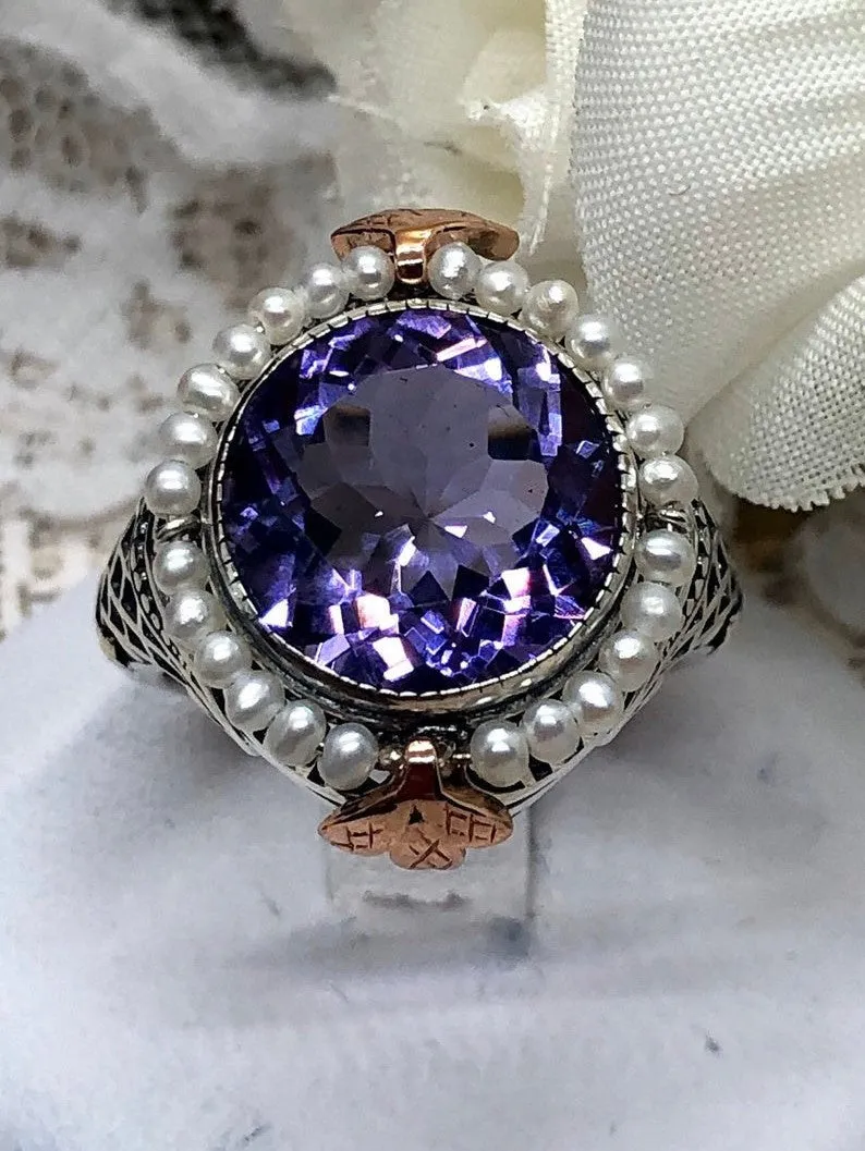 Amethyst & Seed Pearl Ring, Natural or Simulated Gemstone, Victorian Filigree Jewelry #D238