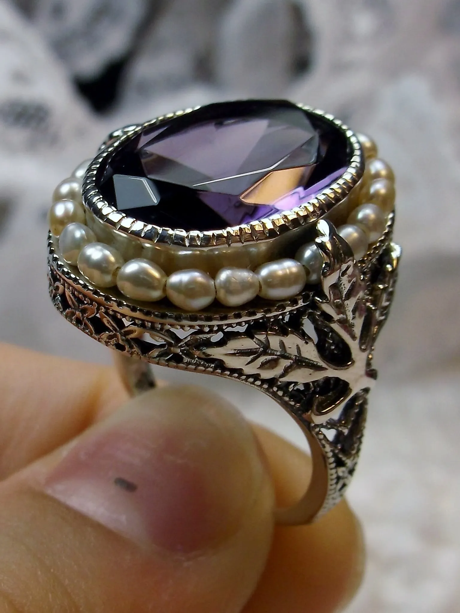 Amethyst Ring, Garden Leaf Silver Filigree, Victorian Jewelry #D156