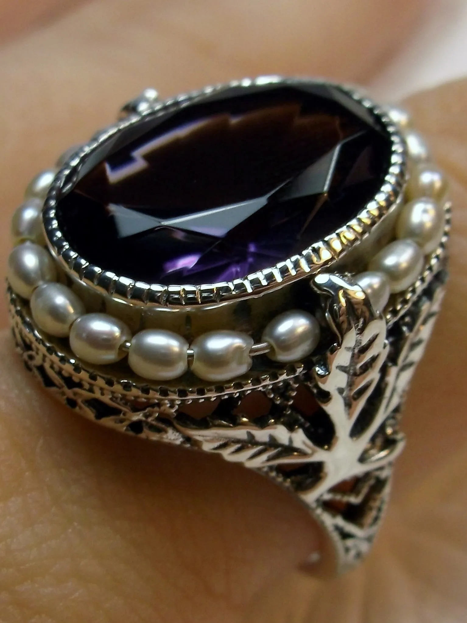 Amethyst Ring, Garden Leaf Silver Filigree, Victorian Jewelry #D156