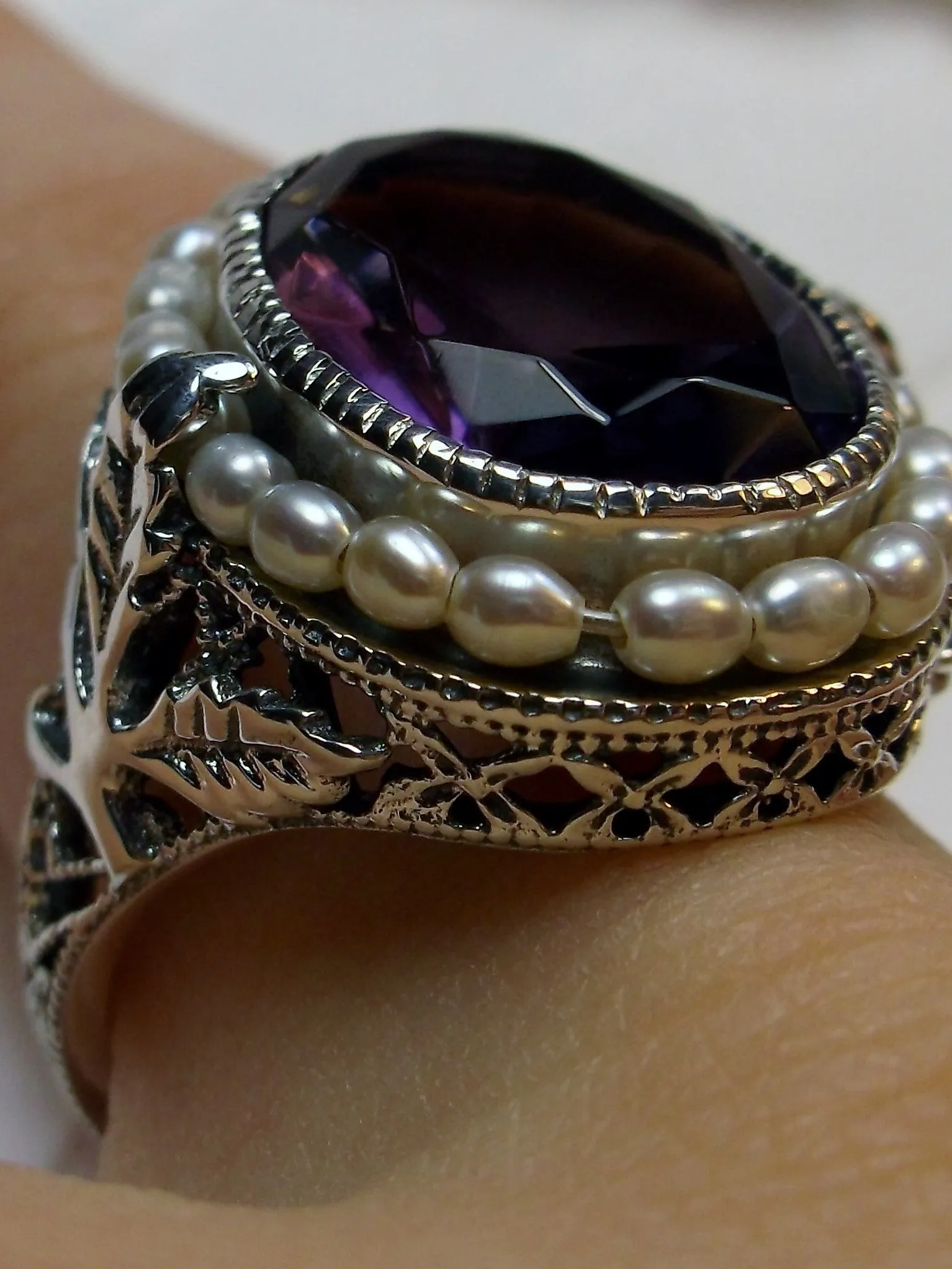 Amethyst Ring, Garden Leaf Silver Filigree, Victorian Jewelry #D156