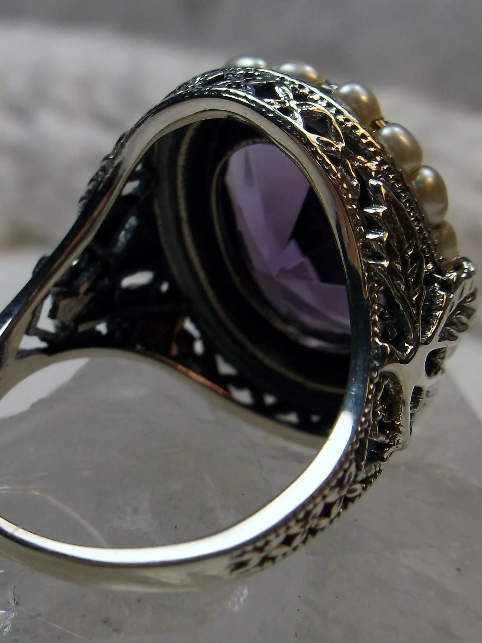 Amethyst Ring, Garden Leaf Silver Filigree, Victorian Jewelry #D156