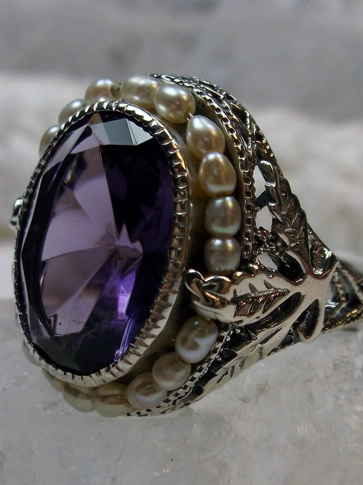 Amethyst Ring, Garden Leaf Silver Filigree, Victorian Jewelry #D156