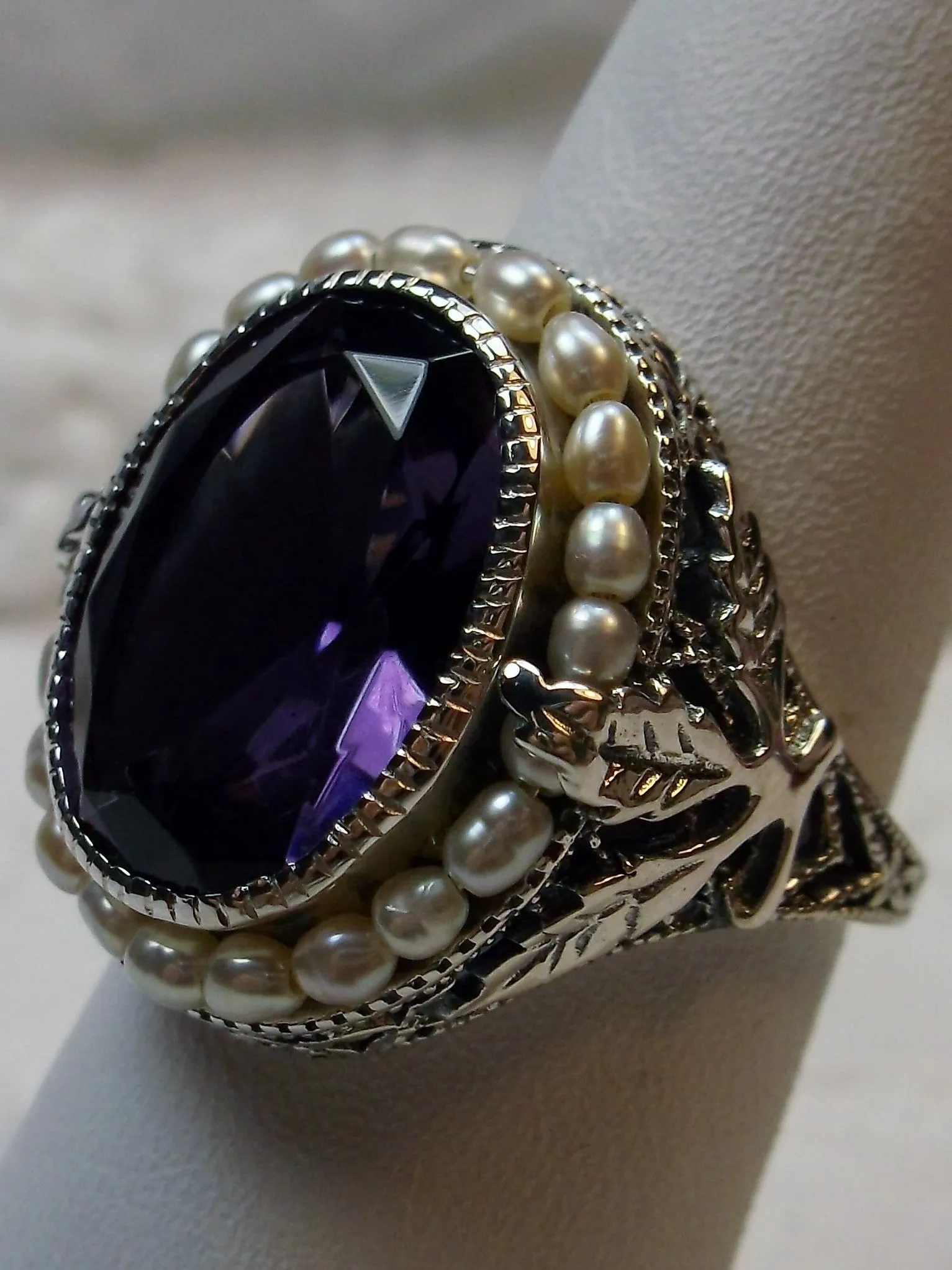 Amethyst Ring, Garden Leaf Silver Filigree, Victorian Jewelry #D156