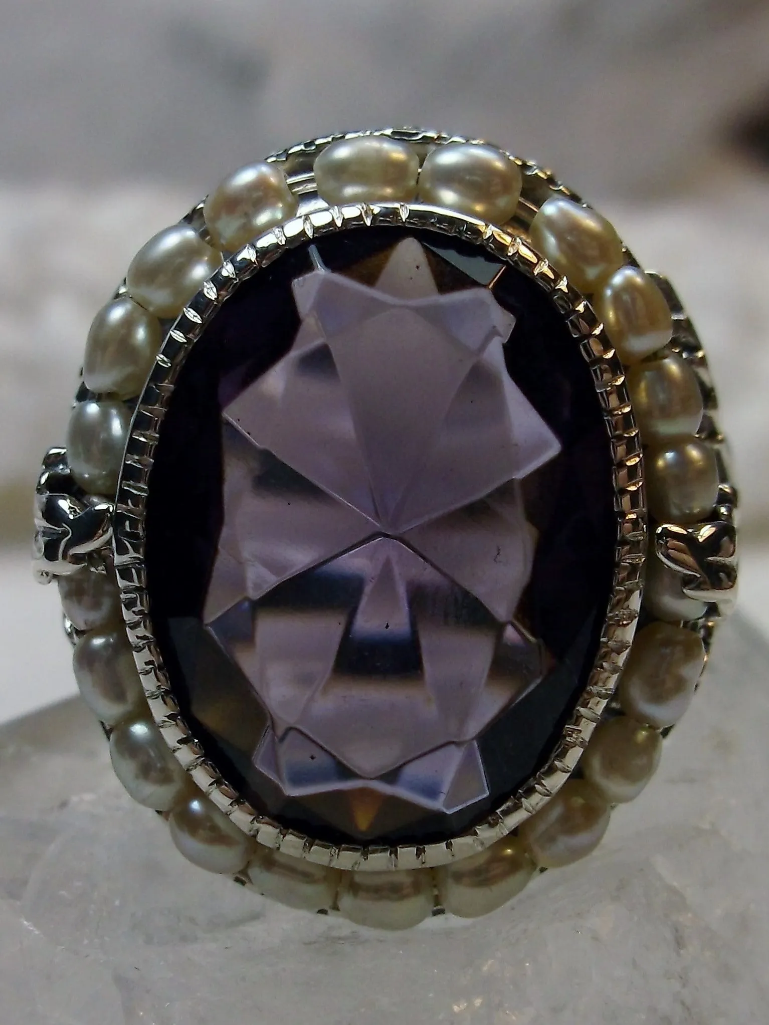Amethyst Ring, Garden Leaf Silver Filigree, Victorian Jewelry #D156