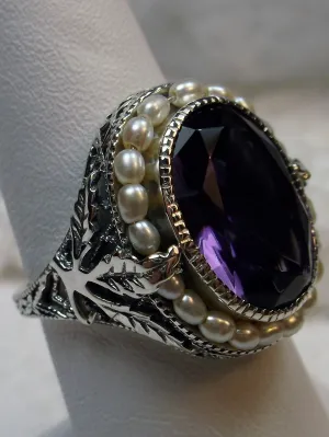 Amethyst Ring, Garden Leaf Silver Filigree, Victorian Jewelry #D156