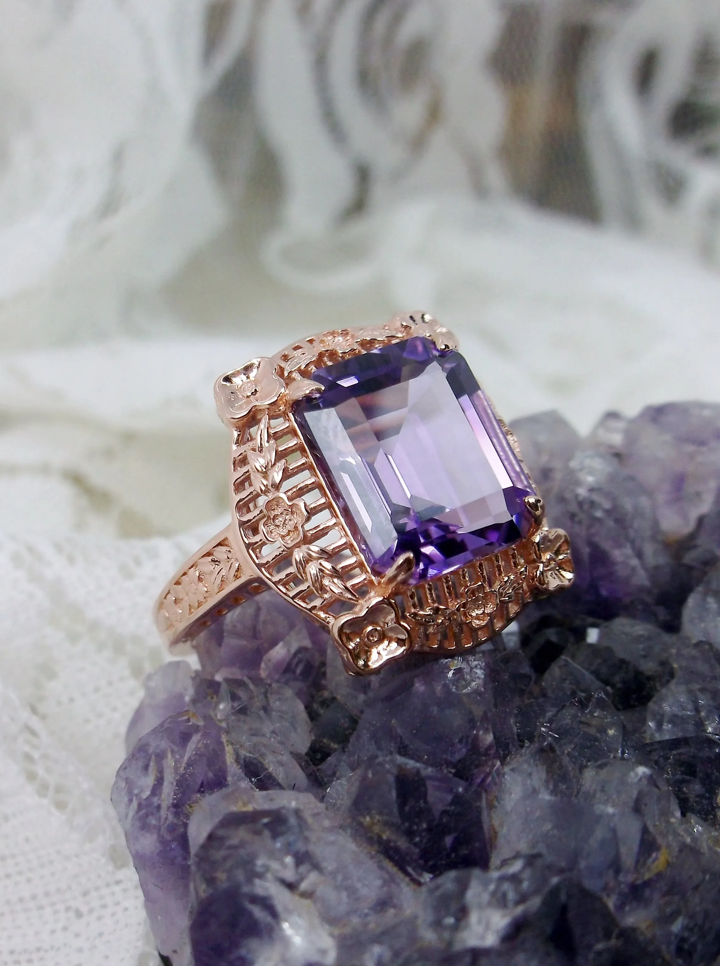 Amethyst Ring, Natural Gemstone, Rose Gold, Victorian Jewelry #D227