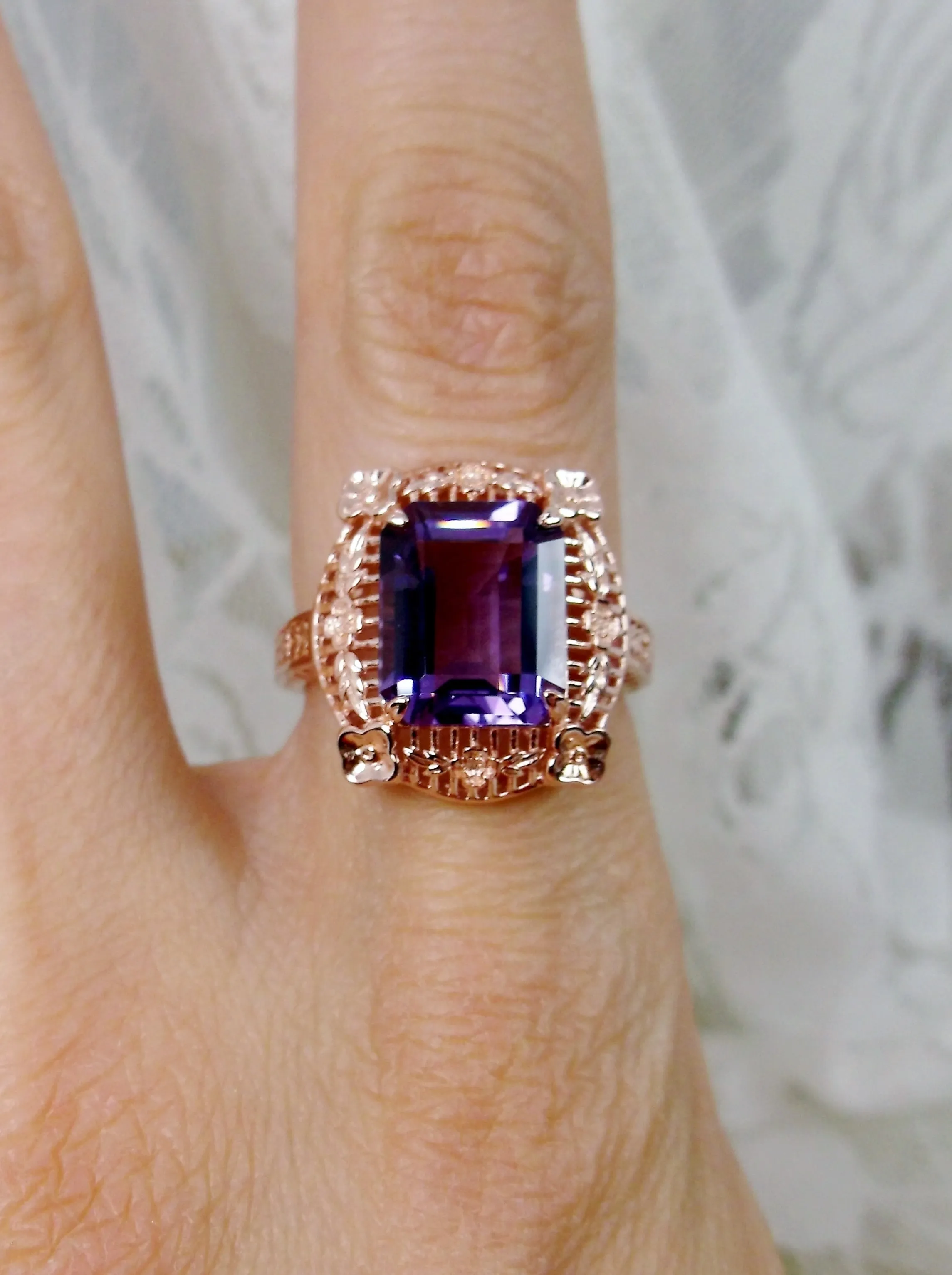 Amethyst Ring, Natural Gemstone, Rose Gold, Victorian Jewelry #D227