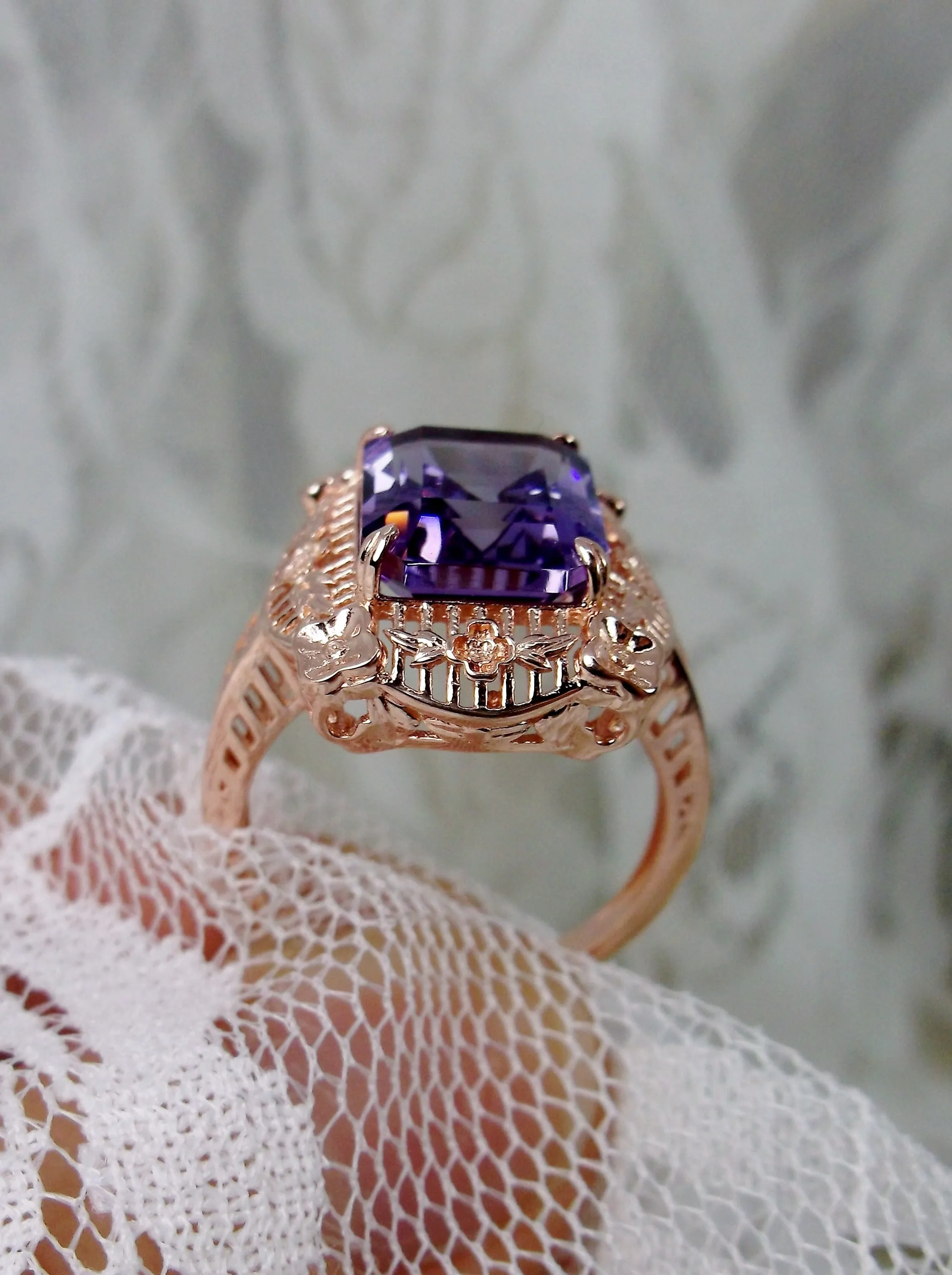 Amethyst Ring, Natural Gemstone, Rose Gold, Victorian Jewelry #D227