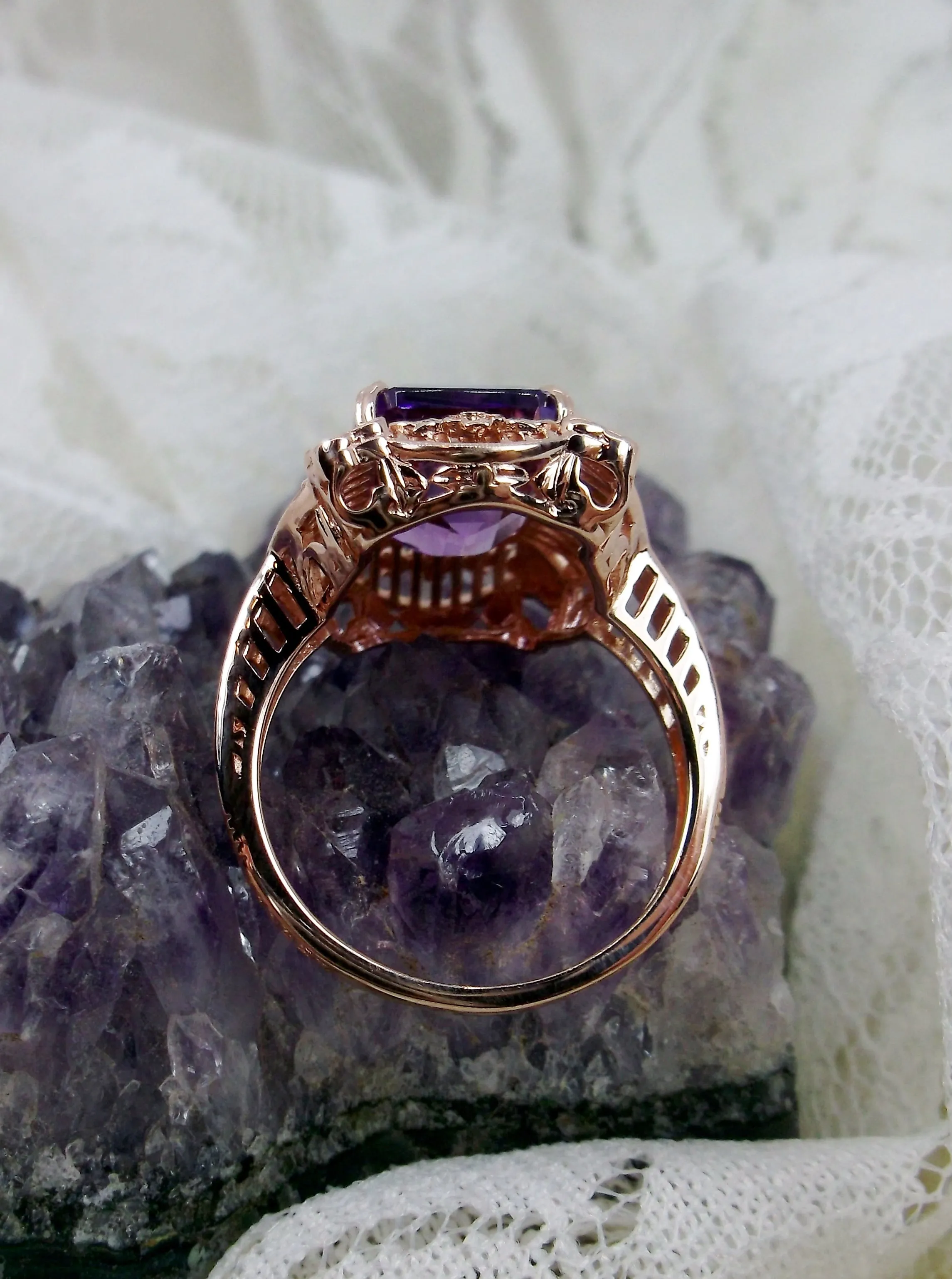Amethyst Ring, Natural Gemstone, Rose Gold, Victorian Jewelry #D227