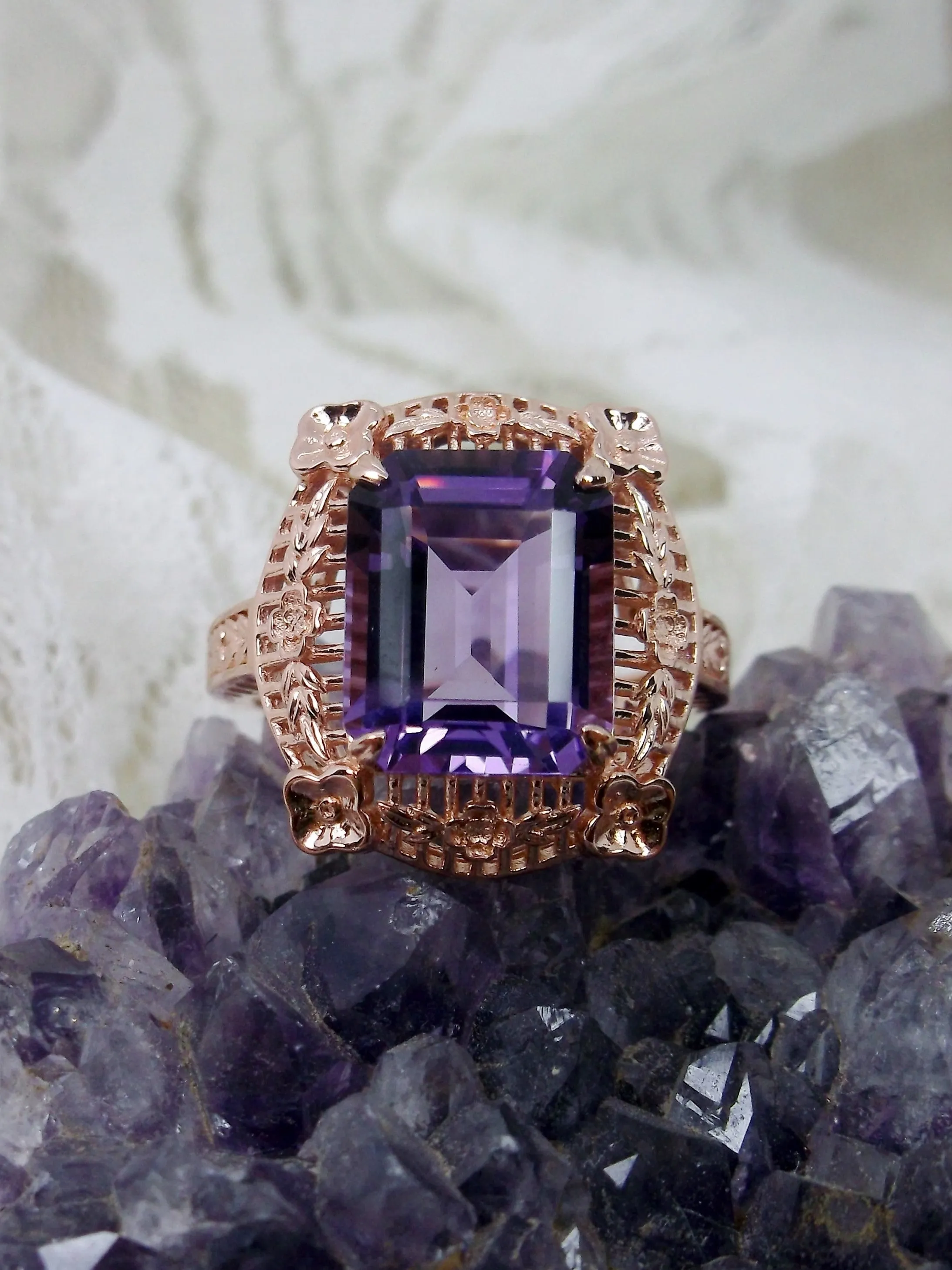 Amethyst Ring, Natural Gemstone, Rose Gold, Victorian Jewelry #D227