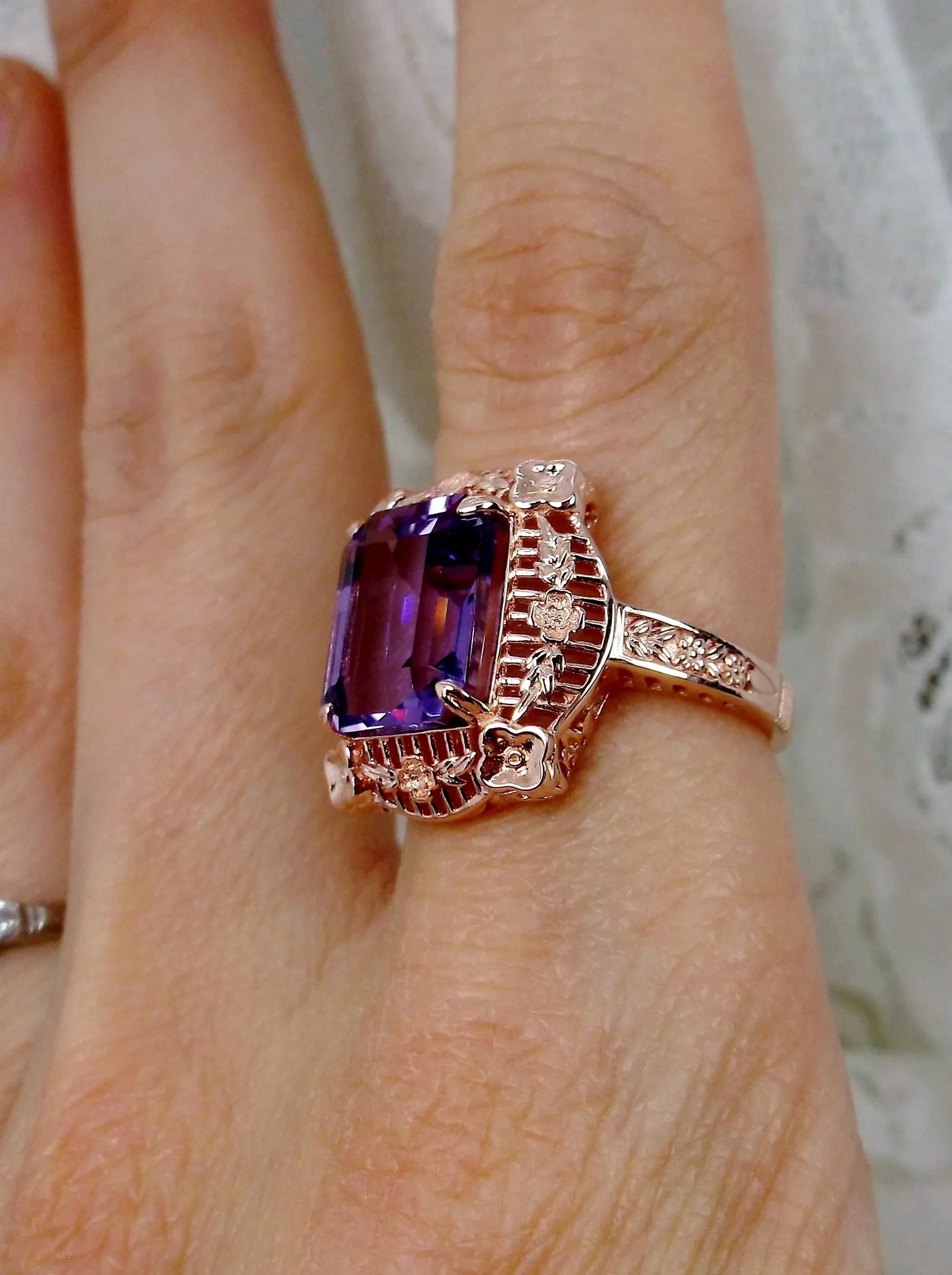 Amethyst Ring, Natural Gemstone, Rose Gold, Victorian Jewelry #D227