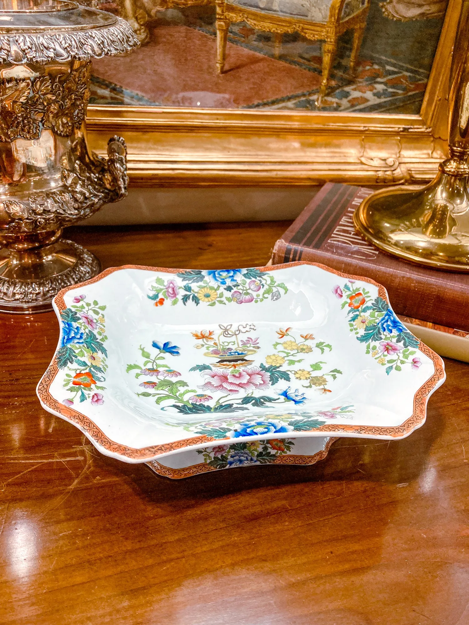 Antique 1850s Wedgwood Enameled Multicolor Floral Footed Compote Dish