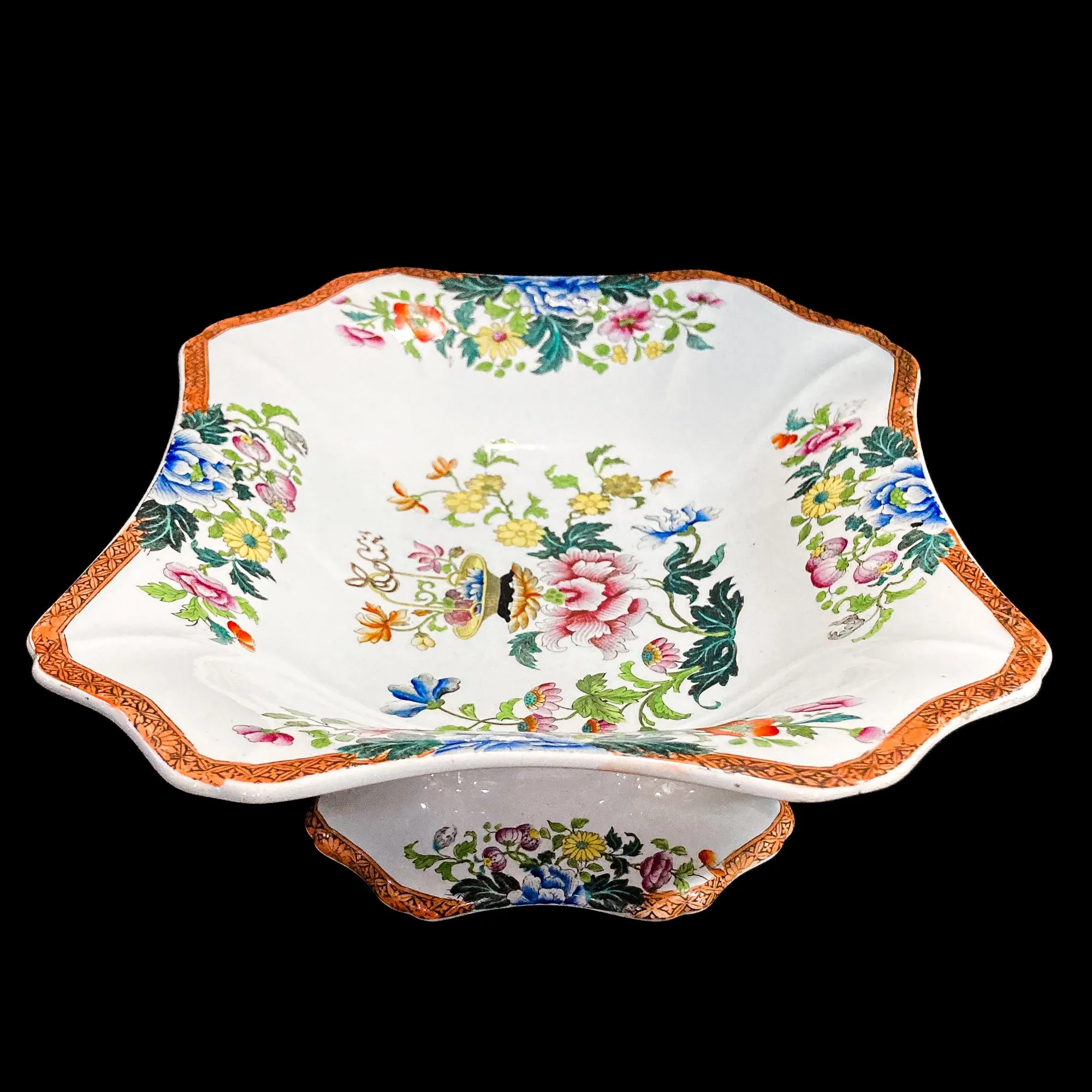 Antique 1850s Wedgwood Enameled Multicolor Floral Footed Compote Dish
