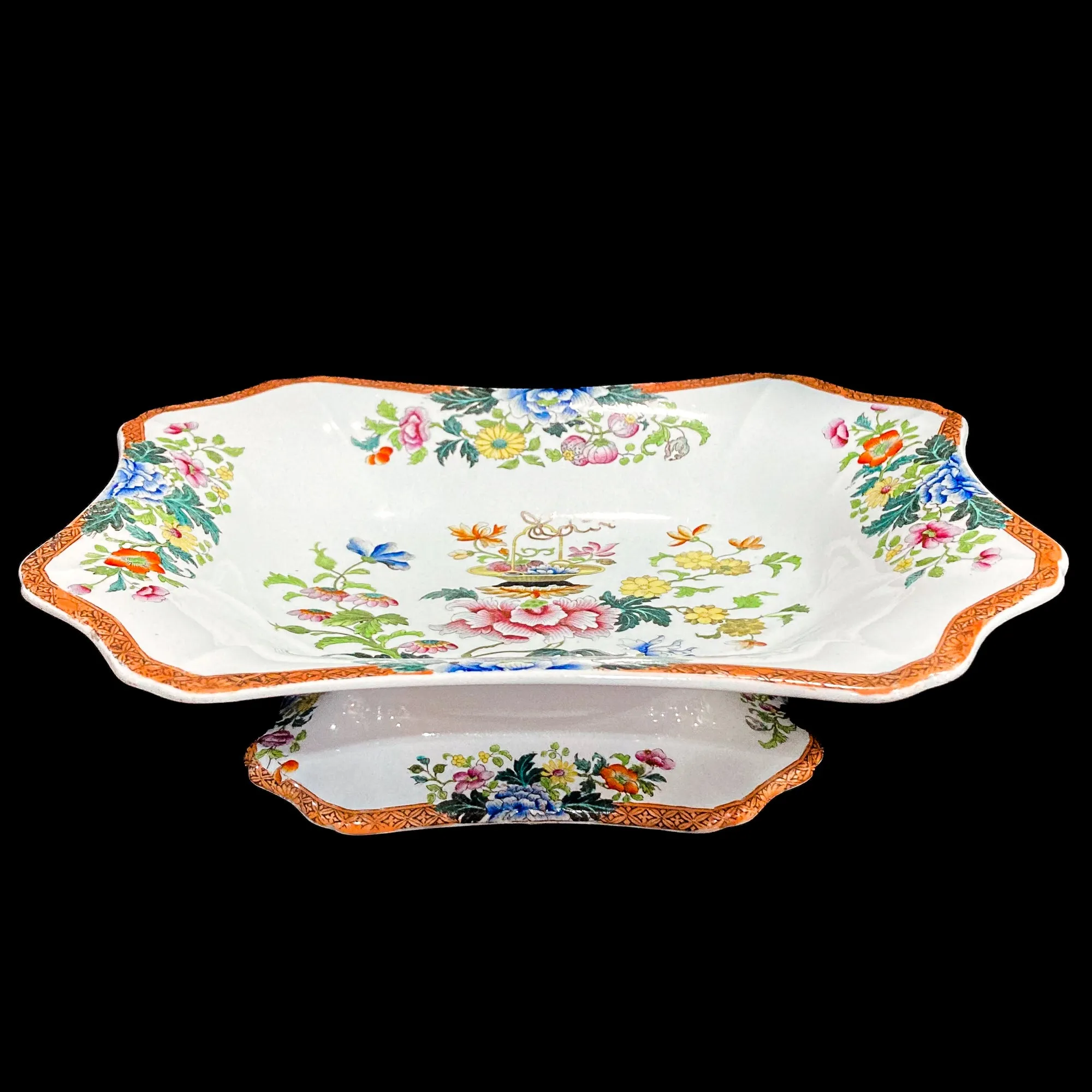 Antique 1850s Wedgwood Enameled Multicolor Floral Footed Compote Dish