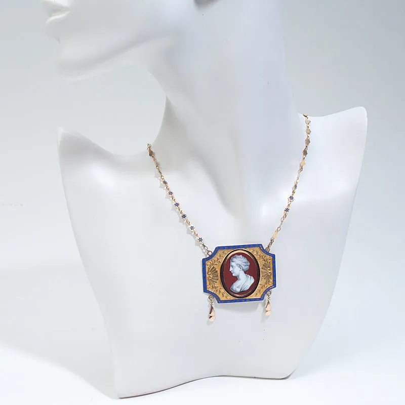 Antique Mid Victorian Necklace Enamel Cameo Portrait 14k Yellow Gold 16" Flower