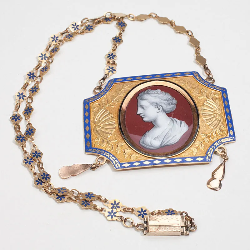 Antique Mid Victorian Necklace Enamel Cameo Portrait 14k Yellow Gold 16" Flower