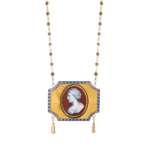 Antique Mid Victorian Necklace Enamel Cameo Portrait 14k Yellow Gold 16" Flower
