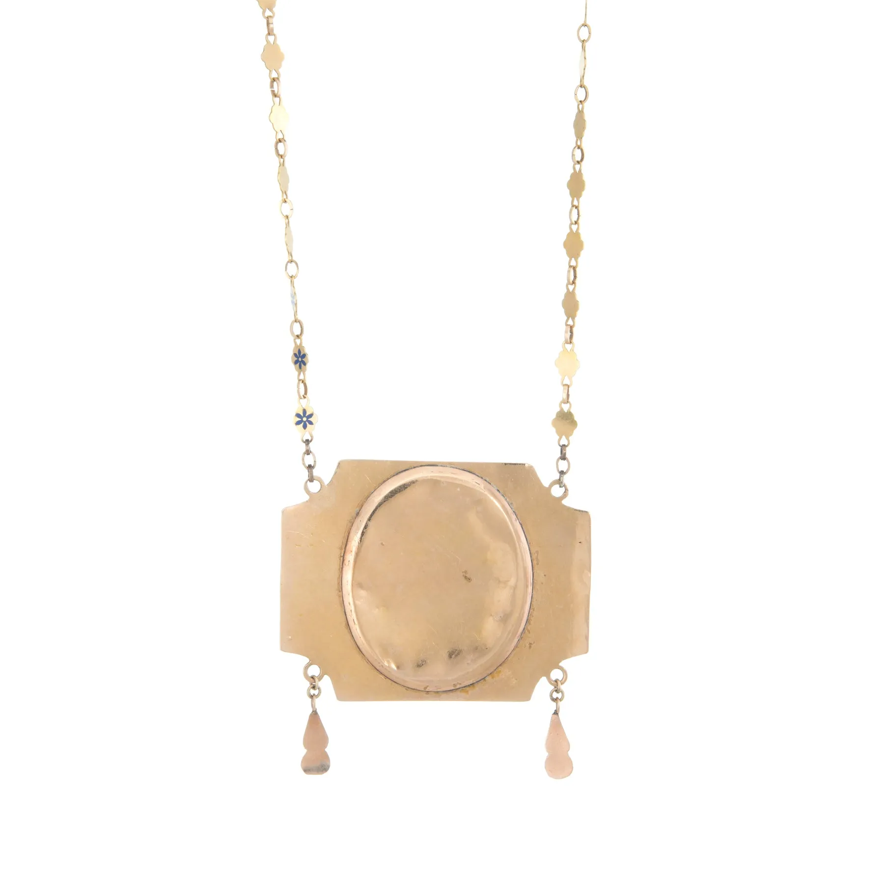 Antique Mid Victorian Necklace Enamel Cameo Portrait 14k Yellow Gold 16" Flower