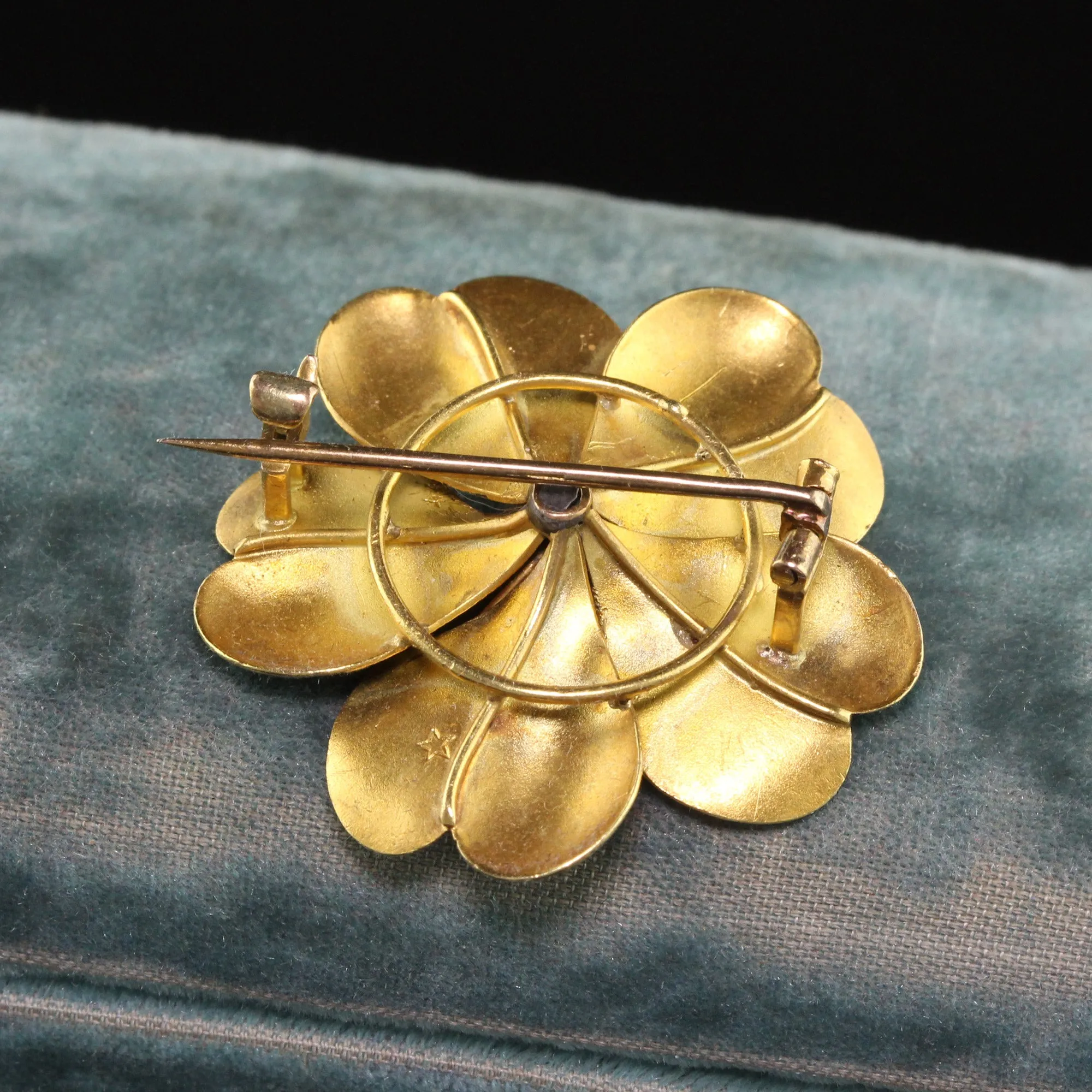 Antique Victorian 14K Yellow Gold Pearl Black Enamel Flower Pin