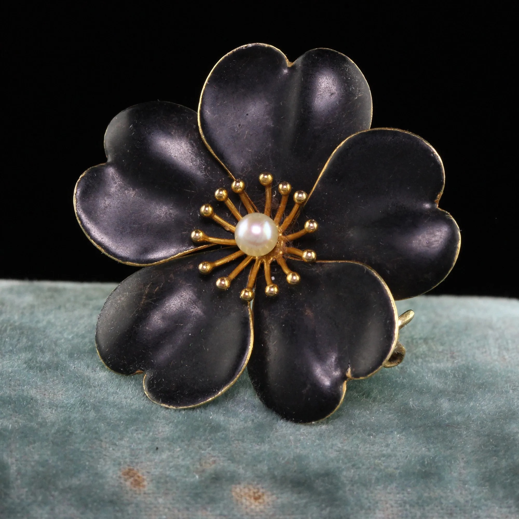 Antique Victorian 14K Yellow Gold Pearl Black Enamel Flower Pin