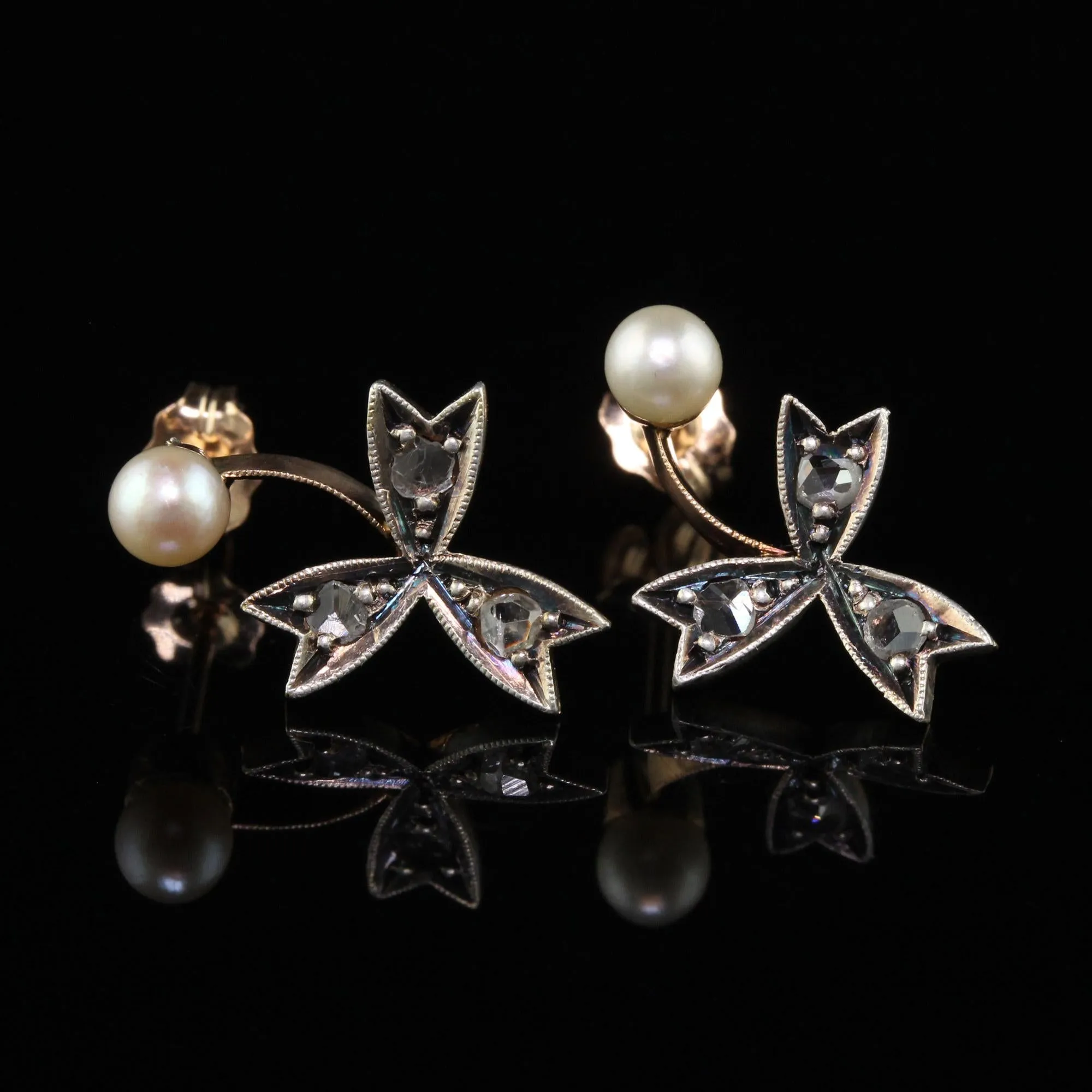 Antique Victorian 18K Rose Gold Rose Cut Diamond and Pearl Floral Earrings