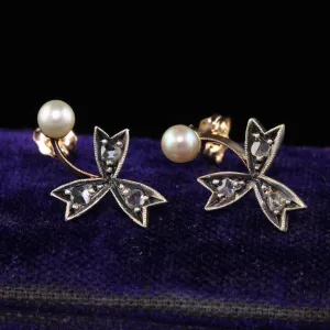 Antique Victorian 18K Rose Gold Rose Cut Diamond and Pearl Floral Earrings