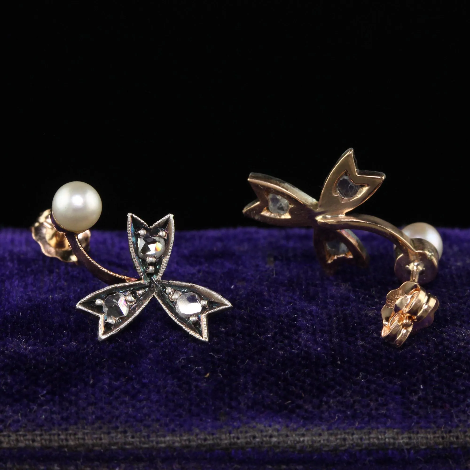 Antique Victorian 18K Rose Gold Rose Cut Diamond and Pearl Floral Earrings