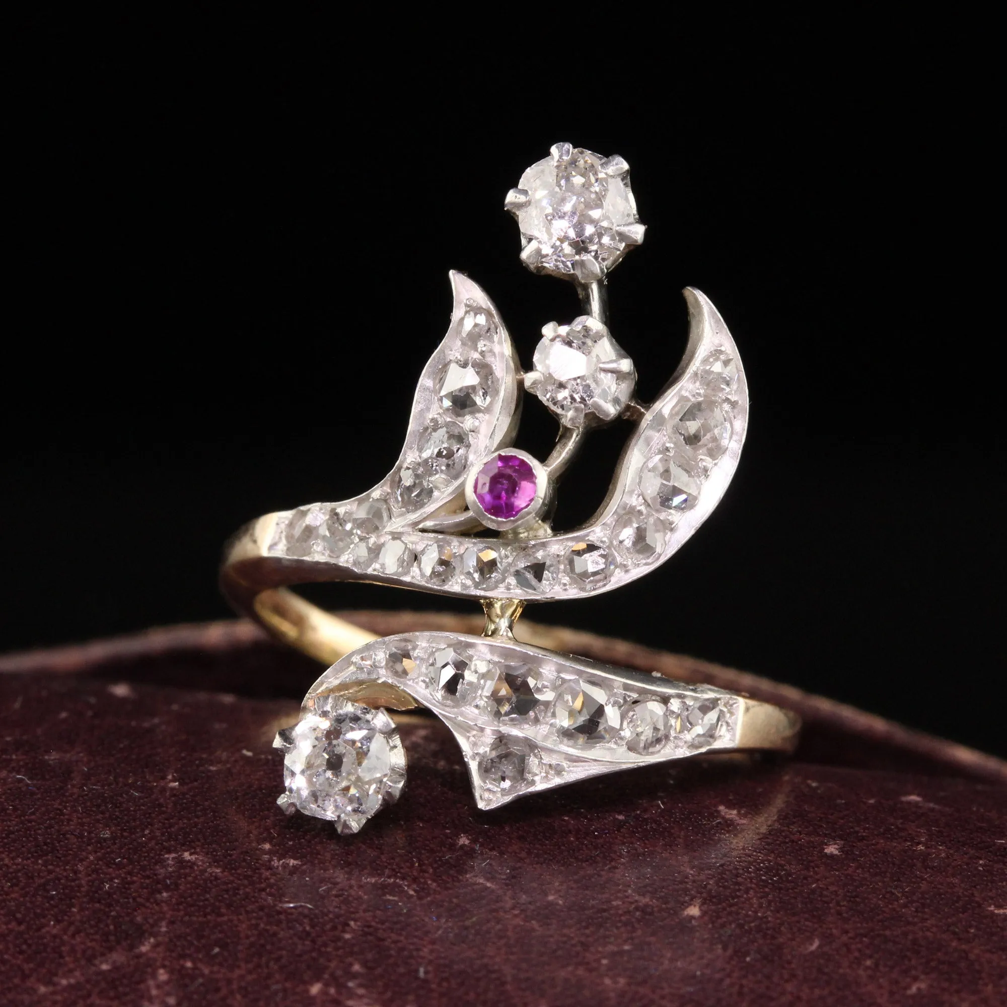 Antique Victorian 18K Yellow Gold Silver Top Rose Cut and Ruby Floral Ring