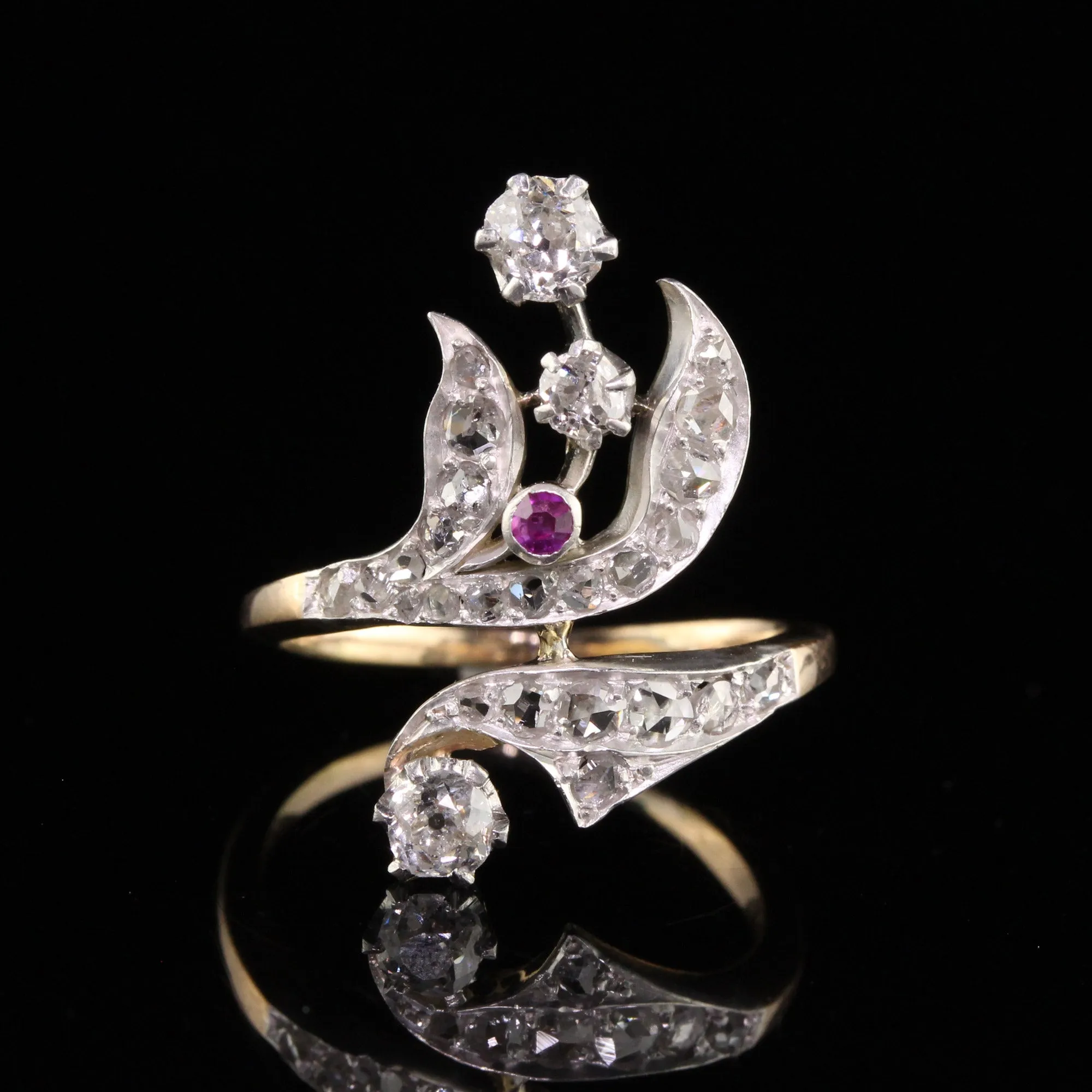 Antique Victorian 18K Yellow Gold Silver Top Rose Cut and Ruby Floral Ring