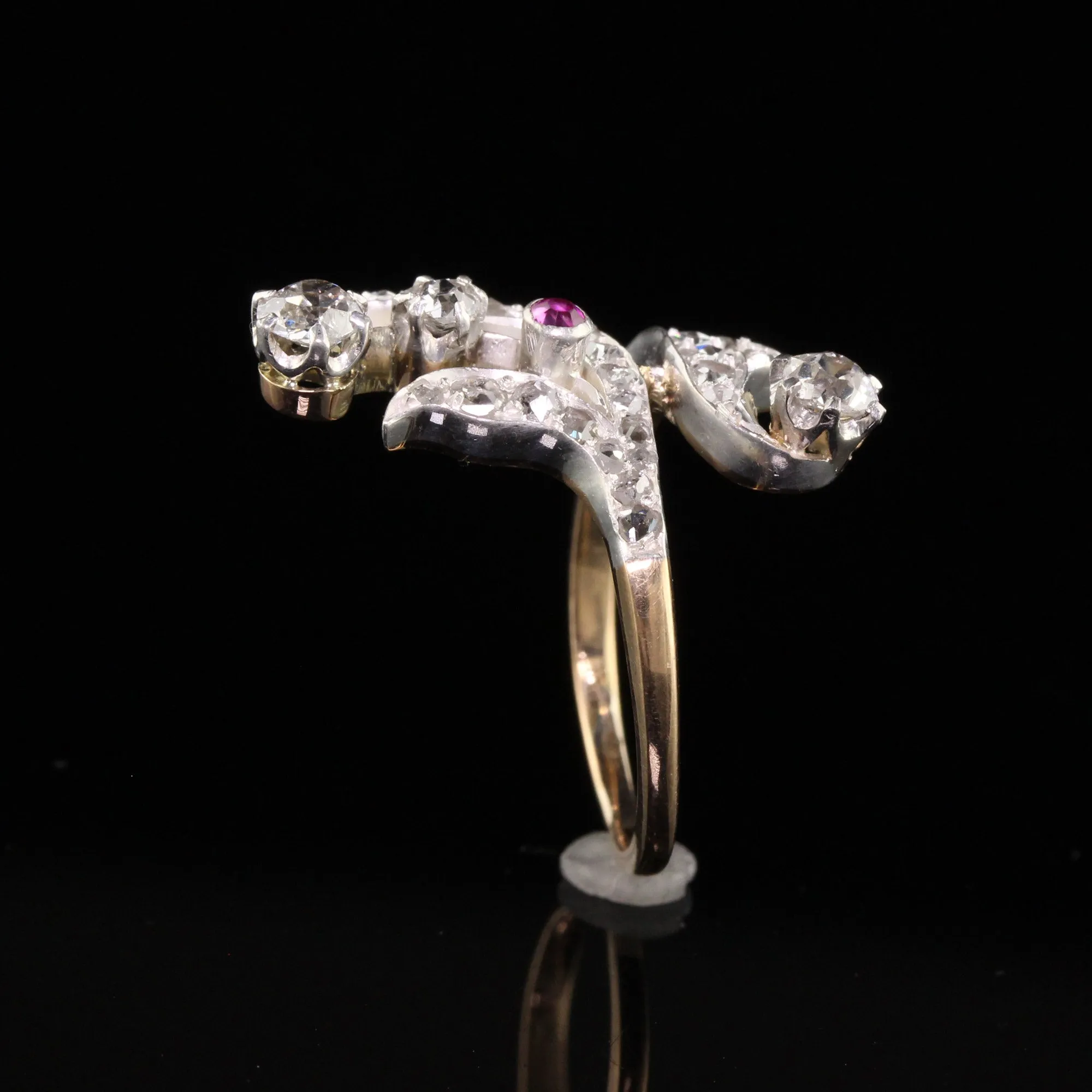 Antique Victorian 18K Yellow Gold Silver Top Rose Cut and Ruby Floral Ring