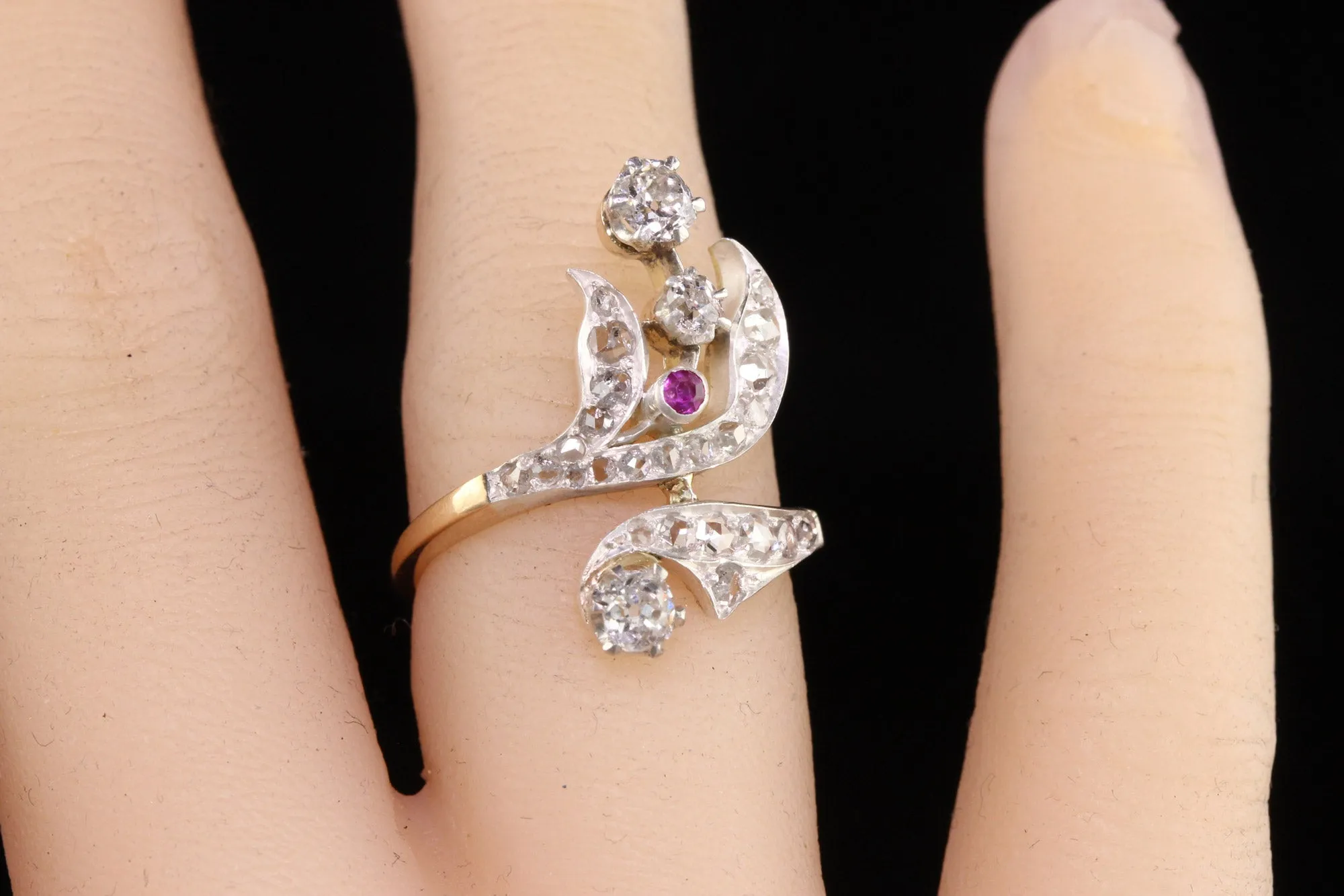 Antique Victorian 18K Yellow Gold Silver Top Rose Cut and Ruby Floral Ring