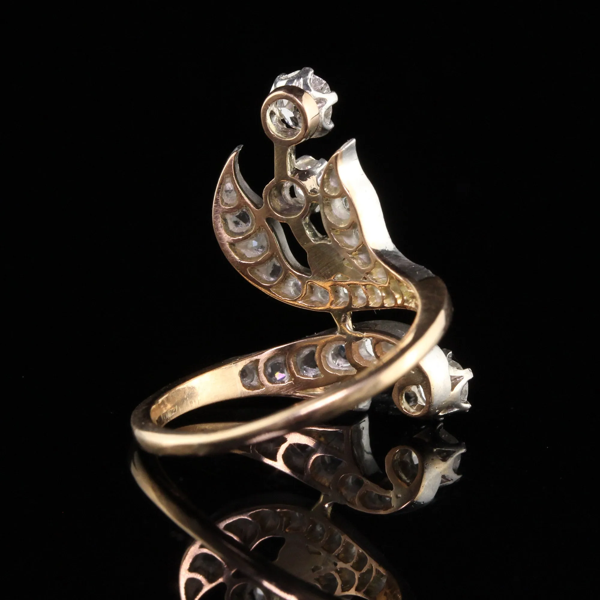 Antique Victorian 18K Yellow Gold Silver Top Rose Cut and Ruby Floral Ring
